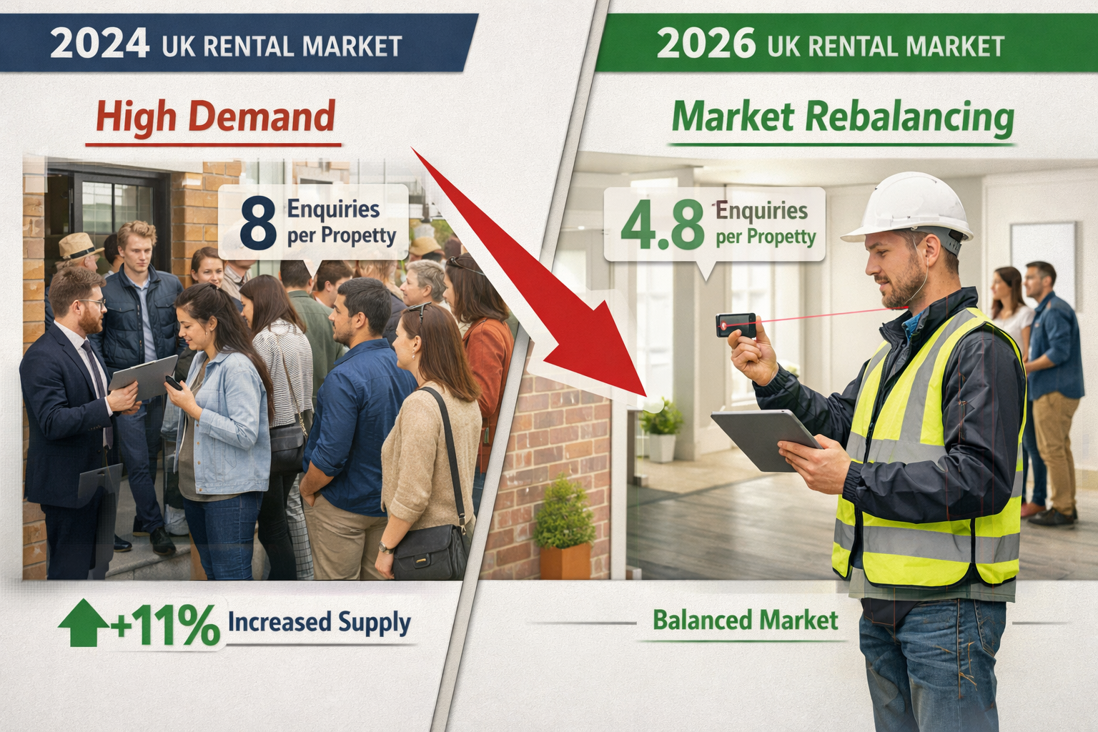 () editorial image showing split-screen comparison of 2024 versus 2026 UK rental markets. Left side depicts crowded property