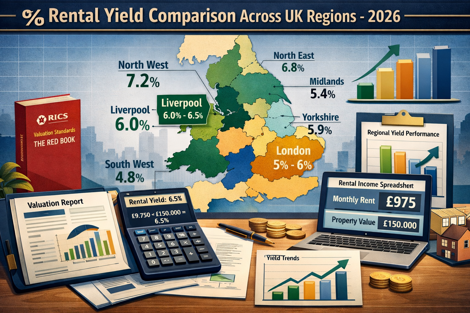 () detailed infographic-style image displaying rental yield comparison across UK regions in 2026. Features stylized map of