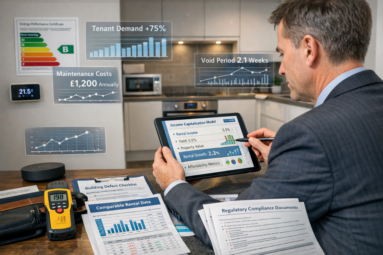 () contemporary image showing surveyor conducting comprehensive rental property valuation in modern UK apartment.