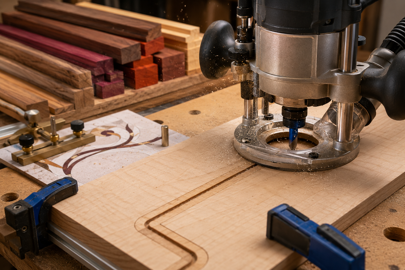 Detailed () image showing a close-up, elevated view of a woodworking router meticulously carving a precise channel into a