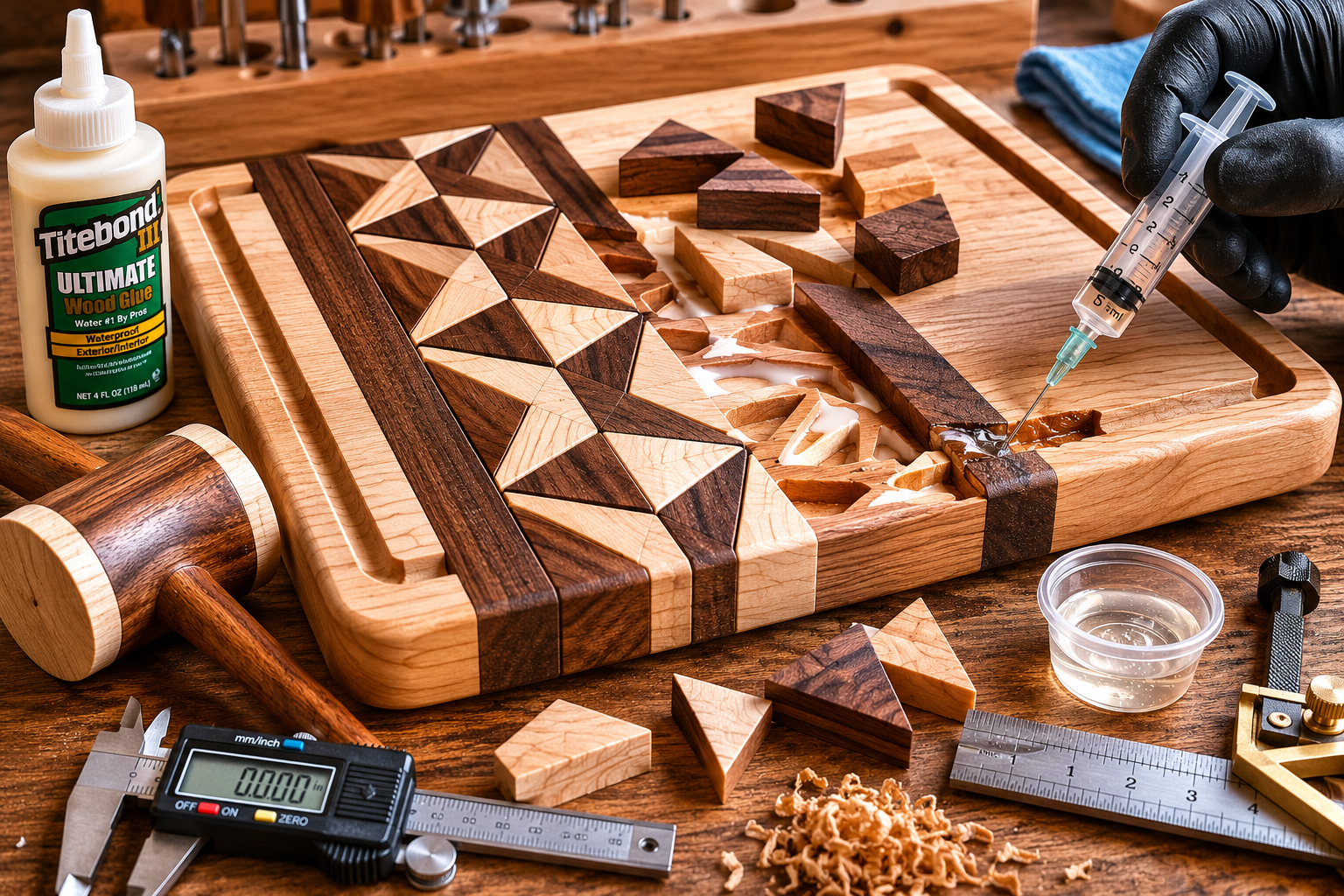 Detailed () image illustrating the intricate process of assembling an inlay cutting board. The central focus is a partially
