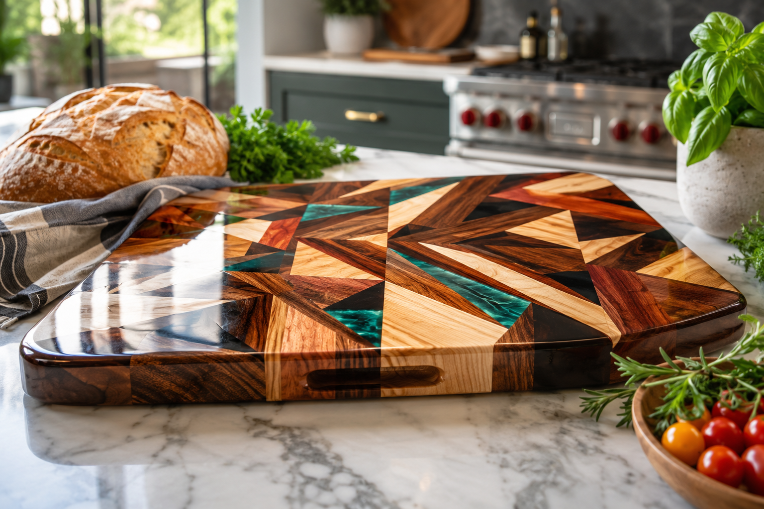 Detailed () image showcasing a finished, high-gloss inlay cutting board adorned with a striking mosaic pattern of different