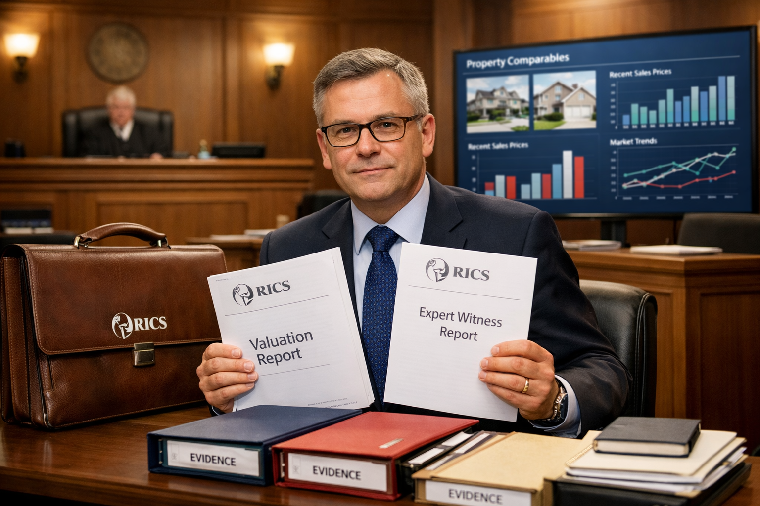 Detailed () image showing a professional chartered surveyor in business attire presenting RICS documentation and valuation