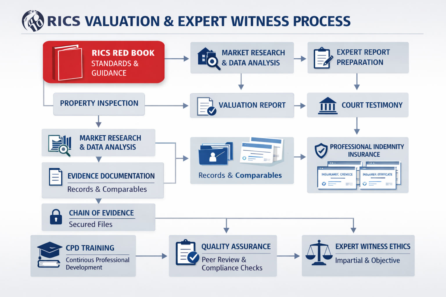 () infographic-style image displaying a detailed flowchart of RICS valuation standards and professional protocols for expert