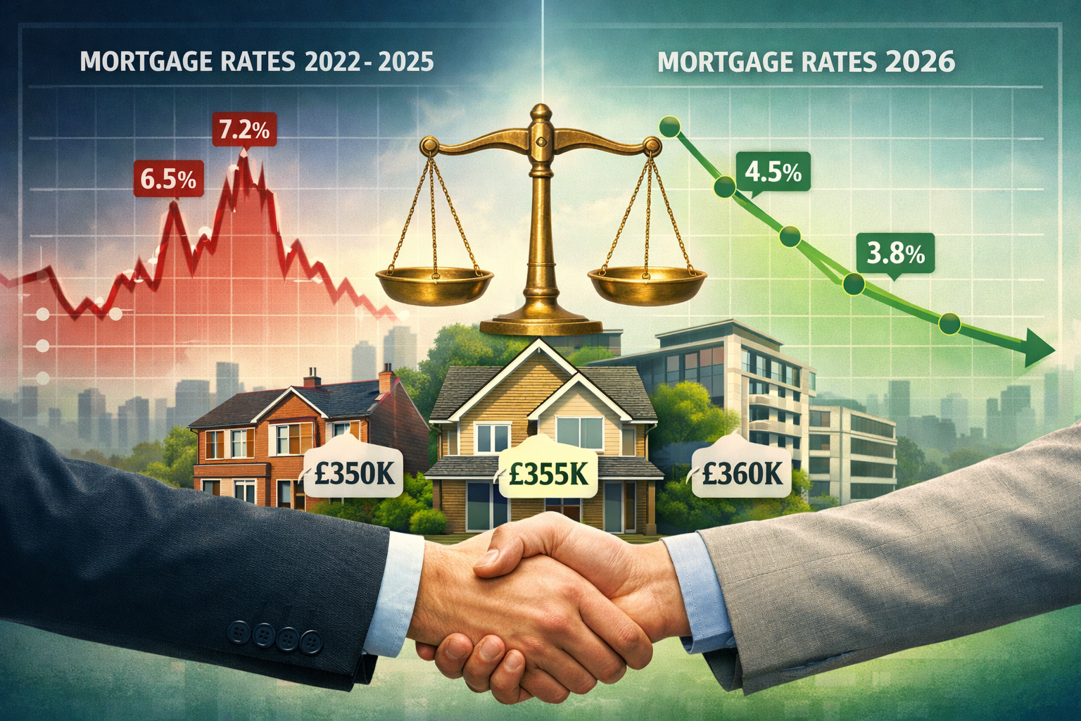 () conceptual image illustrating 2026 UK property market stabilization with dual-panel composition. Left panel shows