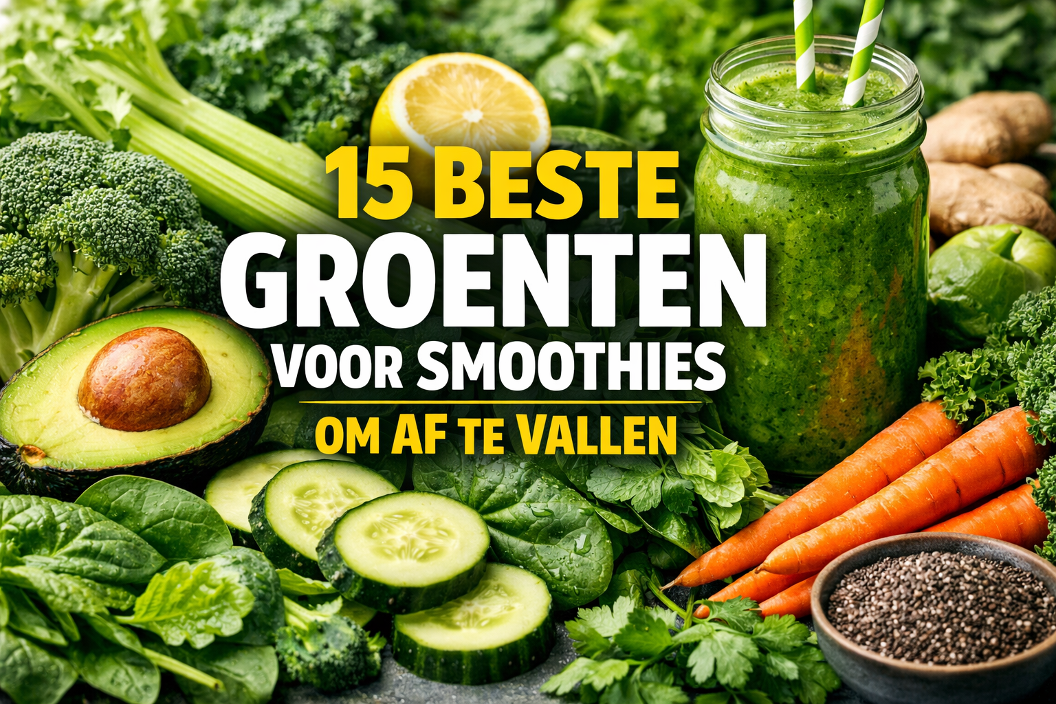 Professional landscape hero image (1536x1024) with bold text overlay: "15 Beste Groenten voor Smoothies om Af te Vallen". Modern design, hig