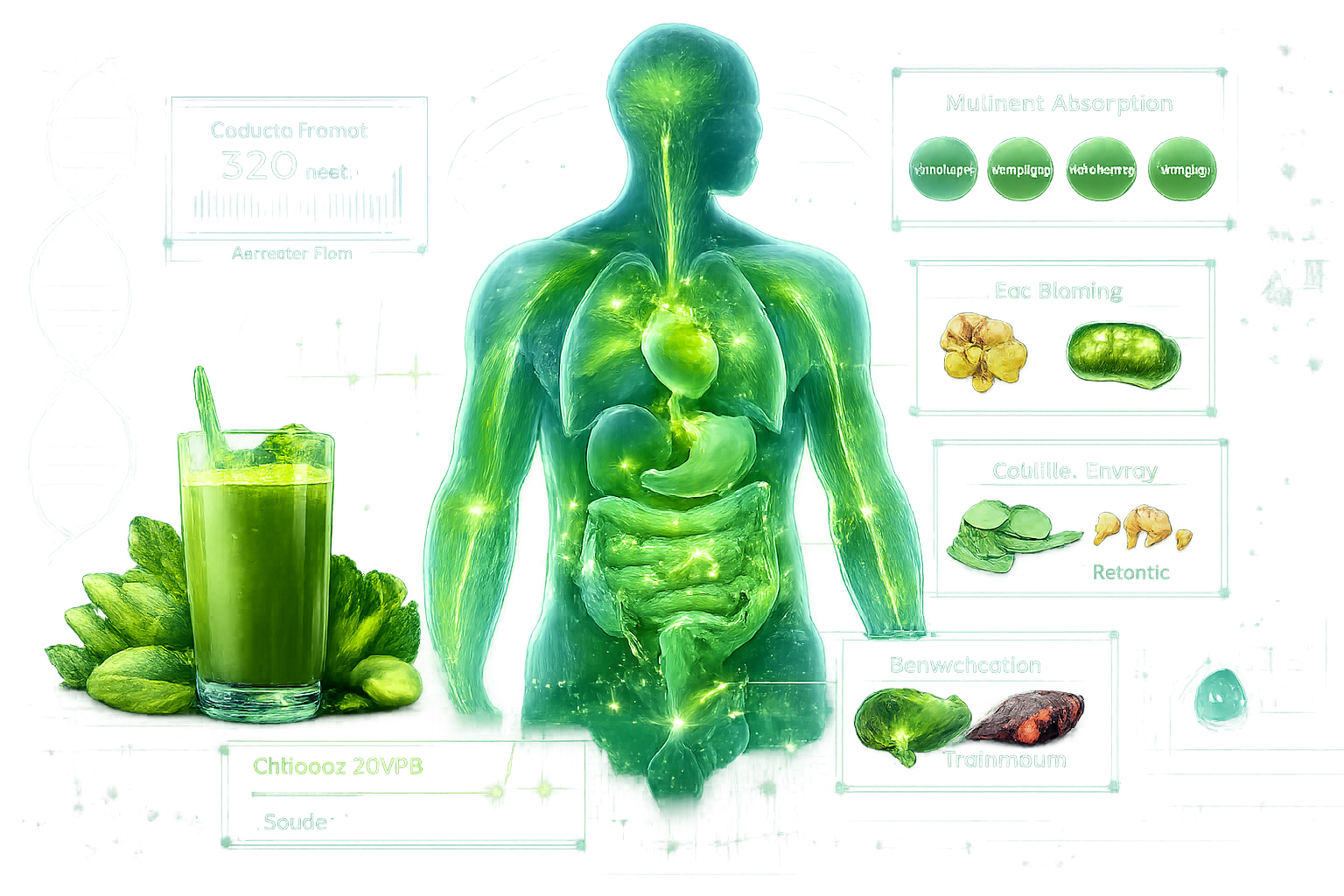 Nutritional health visualization depicting human body silhouette with transparent overlay showing metabolic transformation when consuming gr
