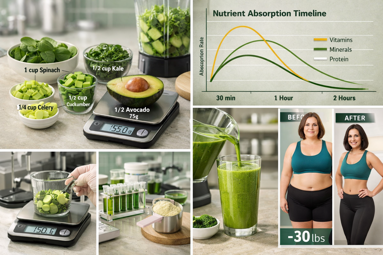 Dynamic smoothie preparation scene demonstrating optimal vegetable combination strategies, split-screen composition showing before/after wei