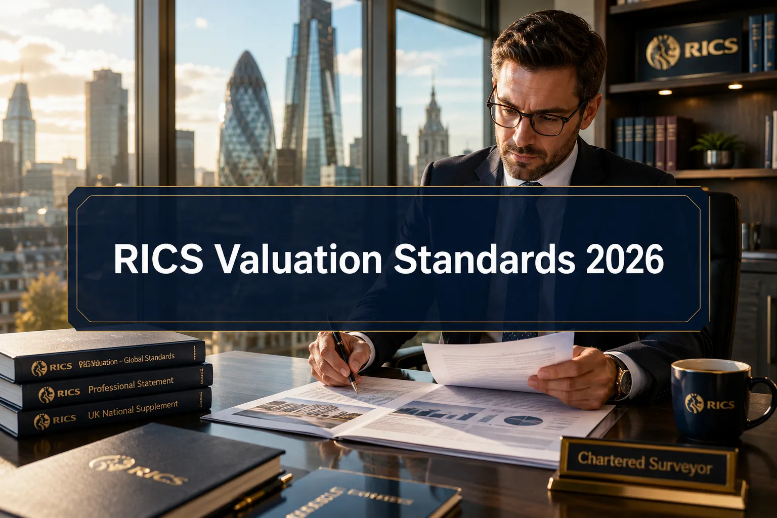 Professional () hero image with (≤42 chars): 'RICS Valuation Standards 2026' in crisp white on a deep navy semi-transparent