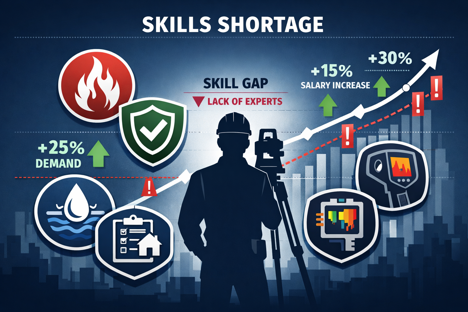 () detailed infographic-style image showing skills shortage visualization: central figure of professional surveyor