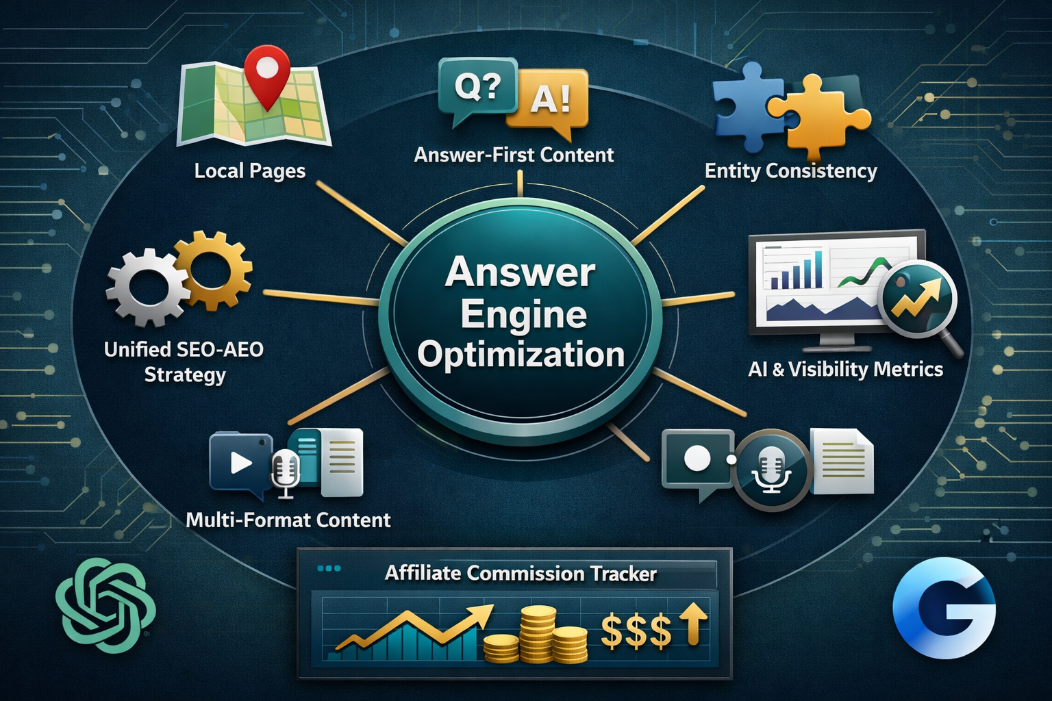 Landscape format (1536x1024) comprehensive visual diagram illustrating AEO implementation strategy for affiliates, central hub labeled 'Answ