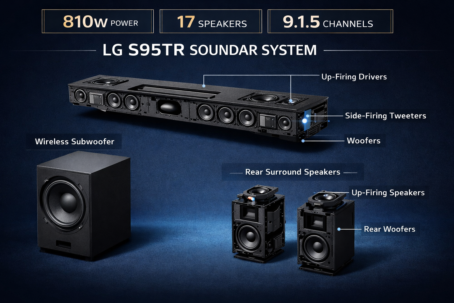 Detailed () technical specifications infographic for the LG S95TR soundbar system. Shows a clean exploded-view diagram of