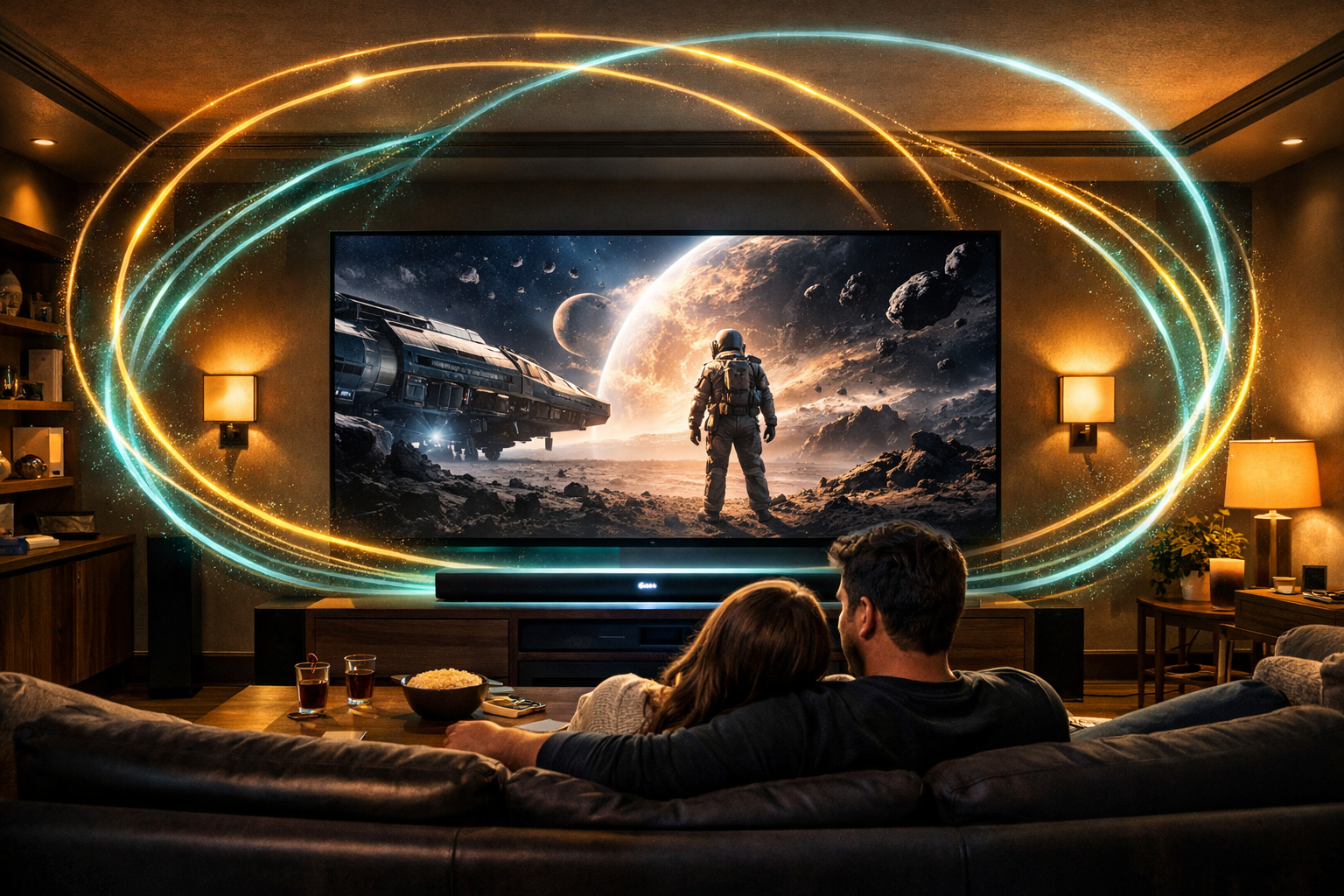 Detailed () showing a cinematic home theater room during a movie night. The LG S95TR soundbar glows softly below a large