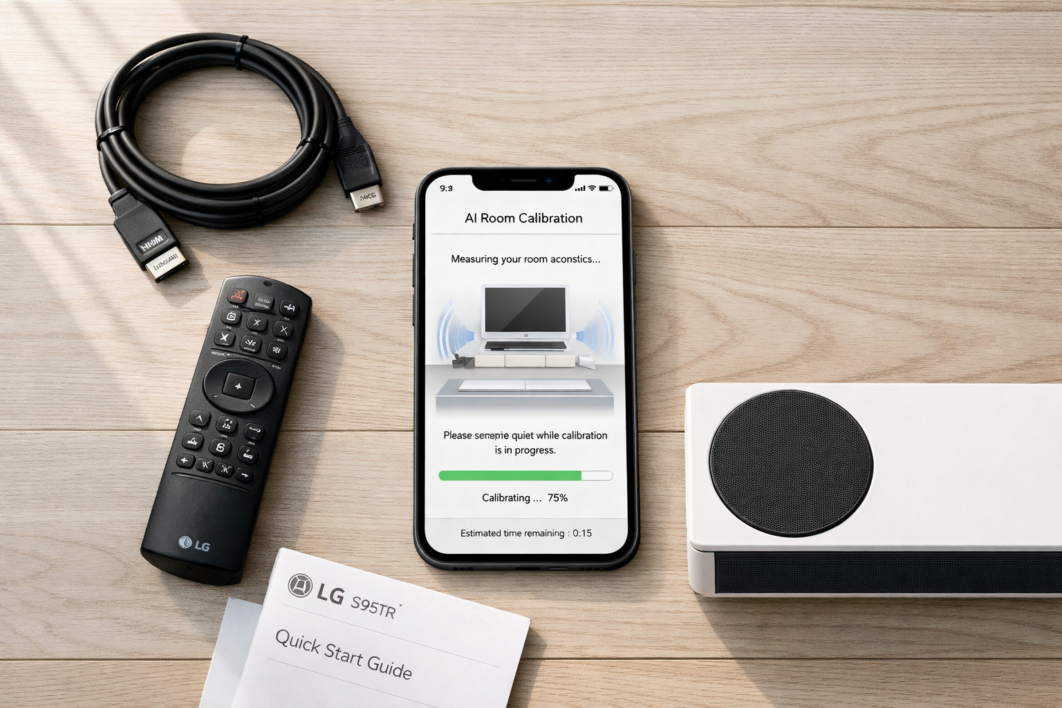 Detailed () showing a close-up overhead flat-lay of the LG S95TR soundbar setup process on a light wood floor. Includes HDMI