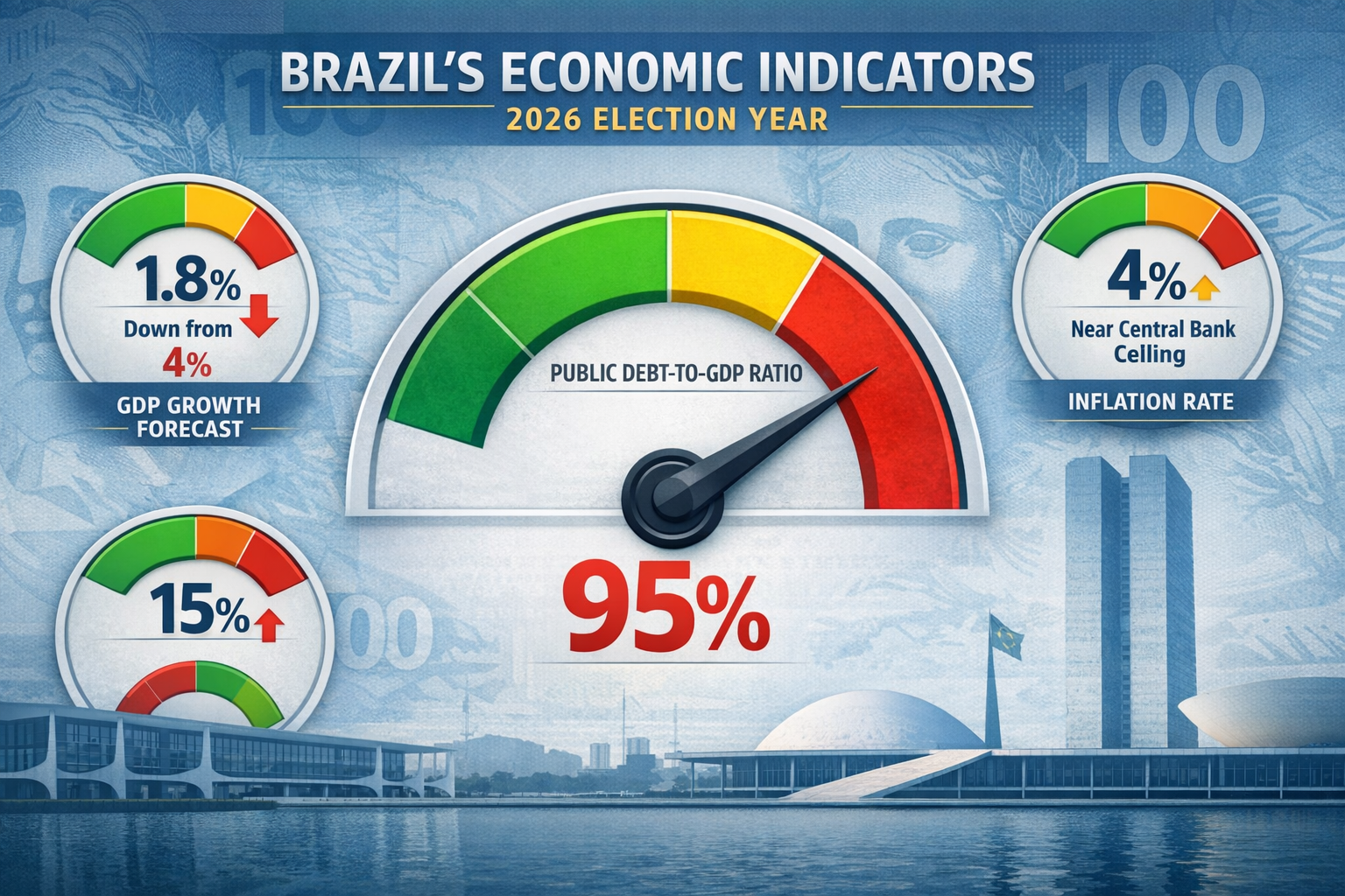 Landscape format (1536x1024) detailed infographic showing Brazil's economic indicators for 2026 election year: large central gauge displayin