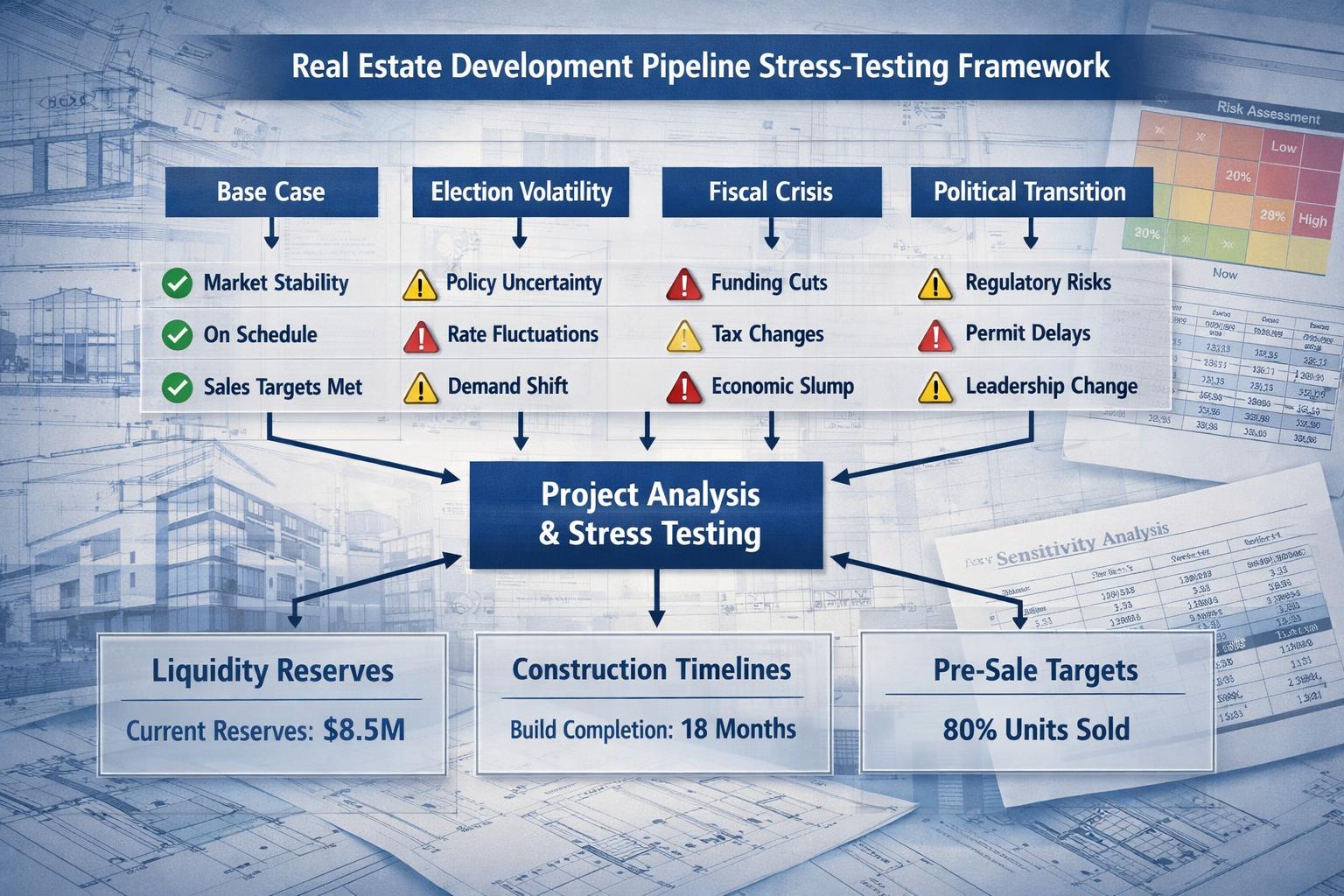 Landscape format (1536x1024) strategic planning visualization showing real estate development pipeline stress-testing framework: central flo