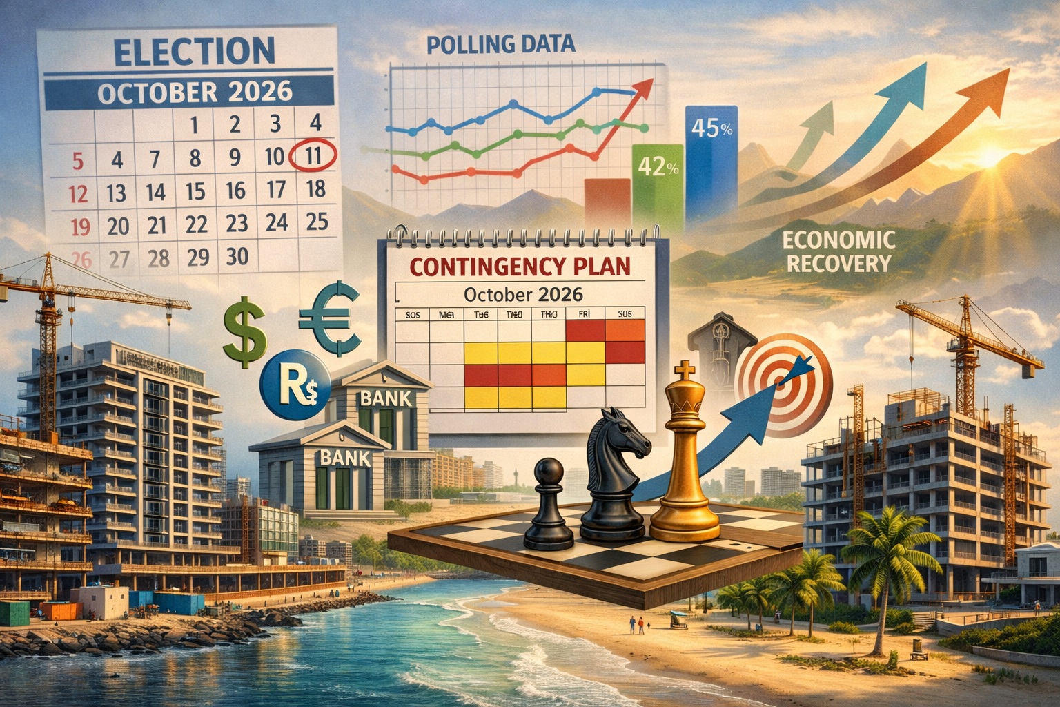 Landscape format (1536x1024) concept illustration showing successful navigation through political uncertainty: foreground displays modern Fl