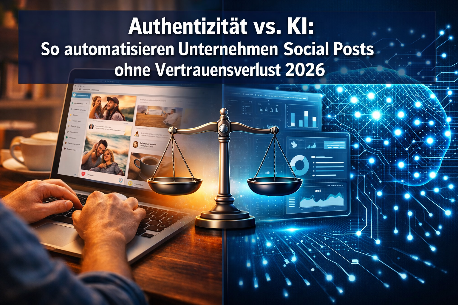 Professional landscape format (1536x1024) hero image featuring bold text overlay 'Authentizit&auml;t vs. KI: So automatisieren Unternehmen Social