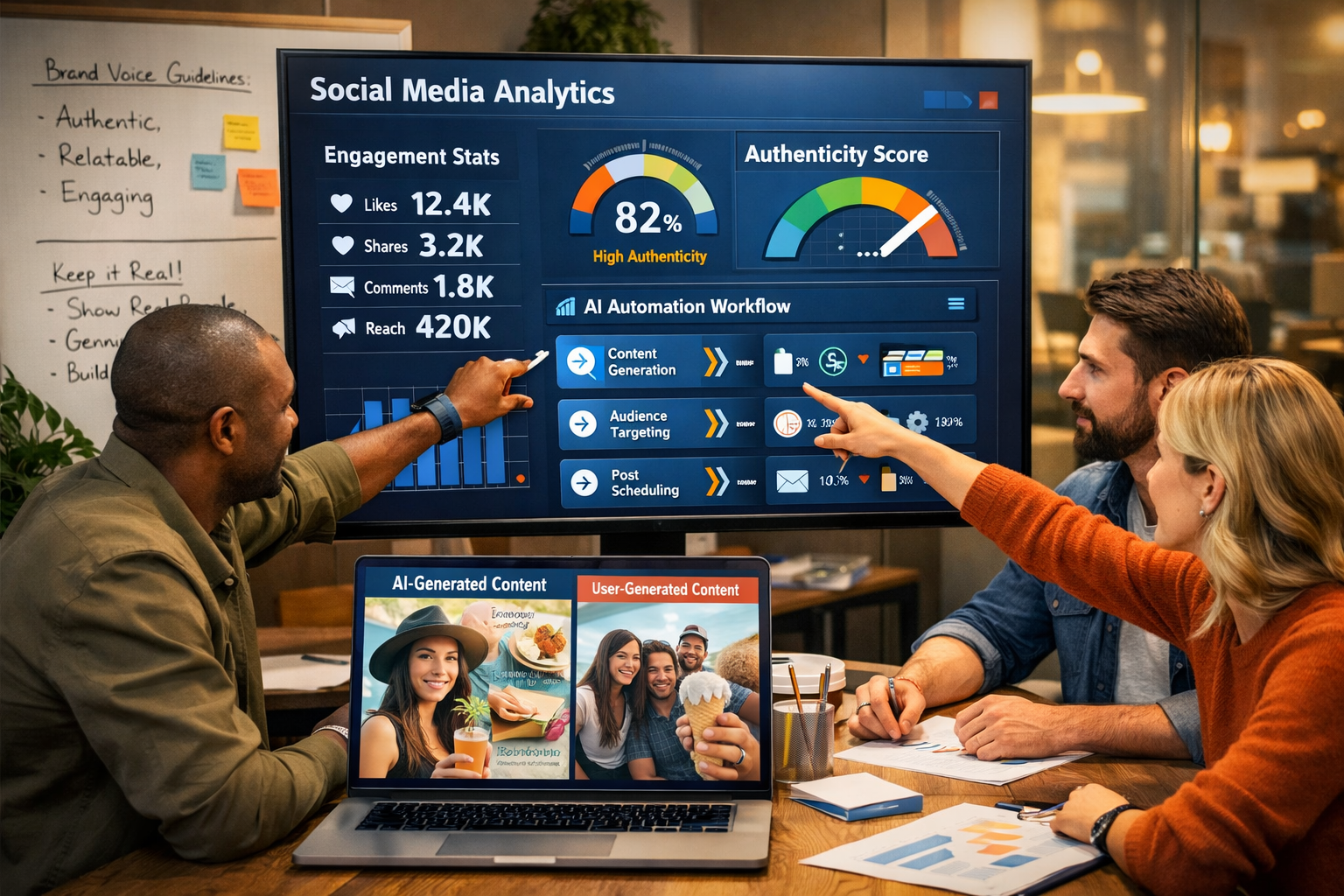 Landscape format (1536x1024) editorial image showing modern office workspace with marketing team collaborating around large monitor displayi