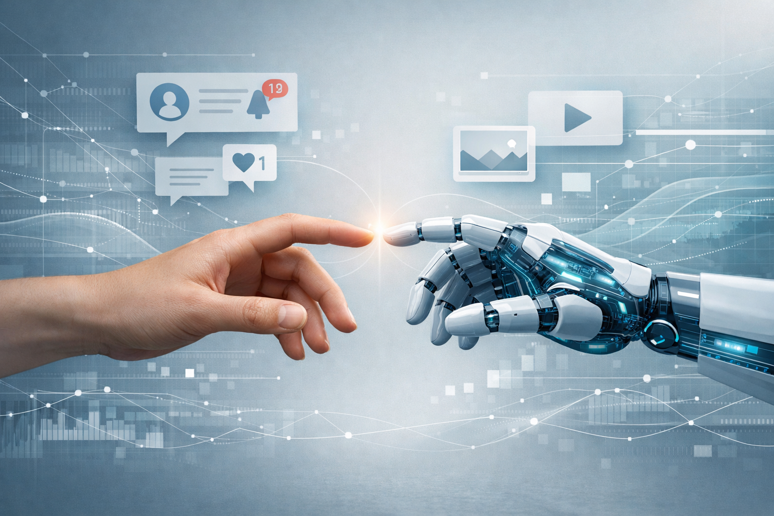 Editorial-style landscape illustration exploring 'Authentizit&auml;t vs. KI' concept. Central metaphorical visual: half human hand, half robotic/