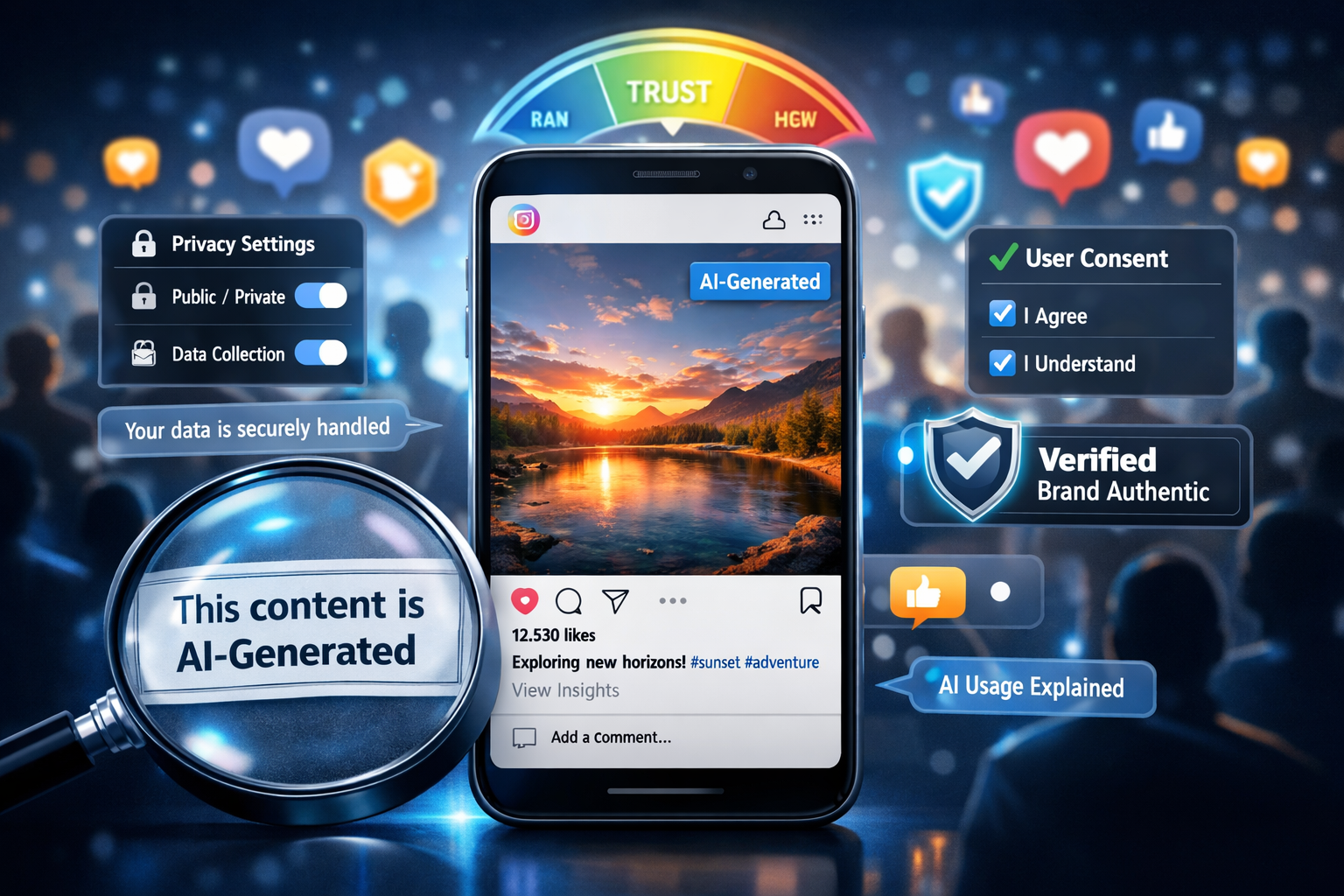 Landscape format (1536x1024) concept visualization showing transparency in AI-powered social media automation. Center features large smartph