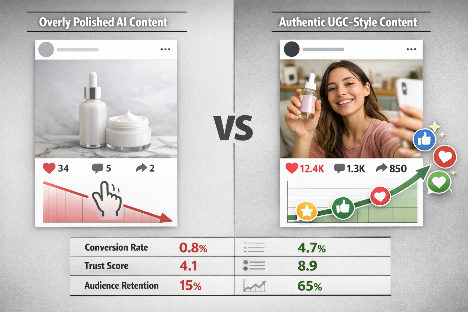 Landscape format (1536x1024) before-and-after comparison image showing social media content performance metrics. Left side labeled 'Overly P