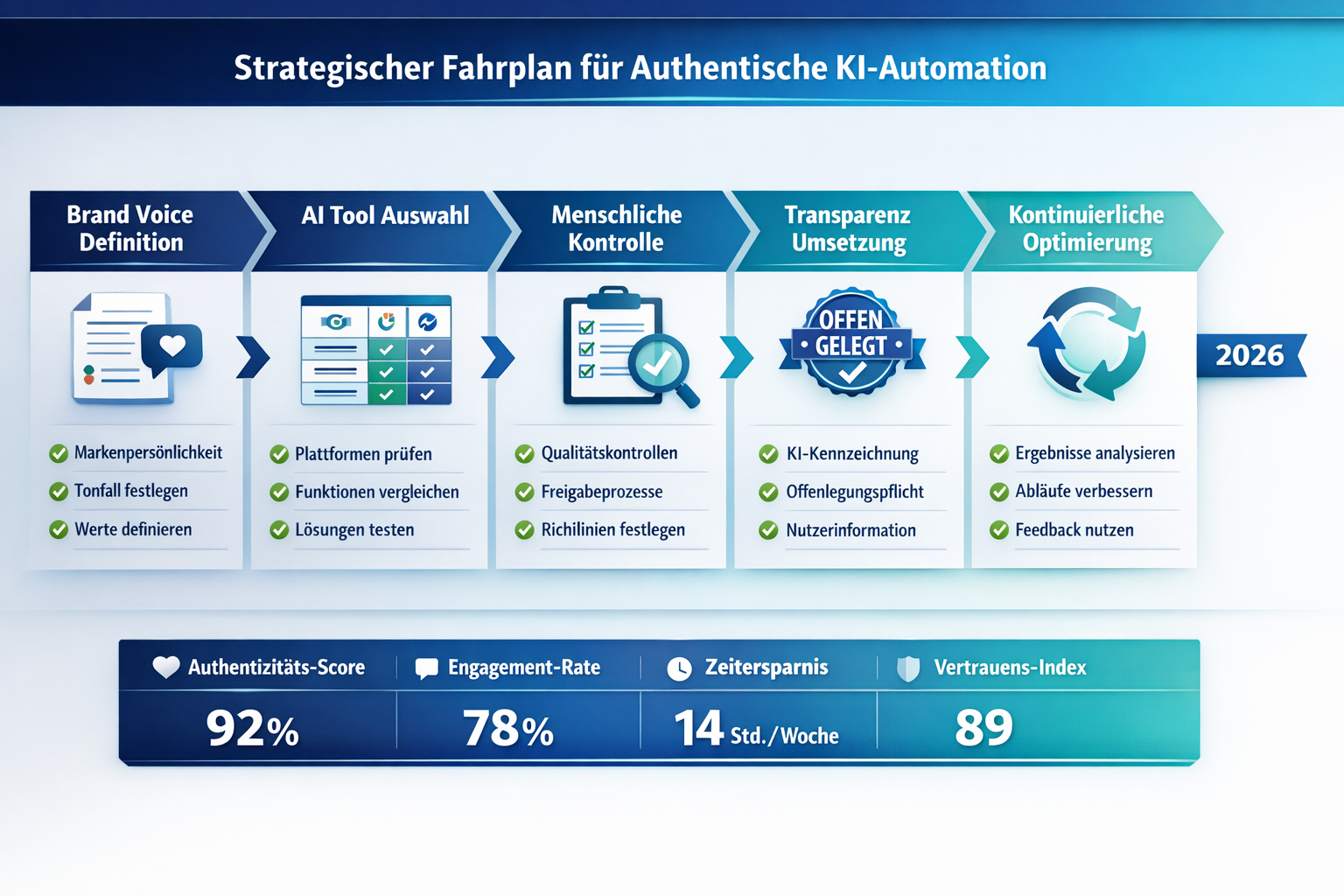 Landscape format (1536x1024) strategic roadmap infographic showing step-by-step implementation of authentic AI automation. Visual timeline f