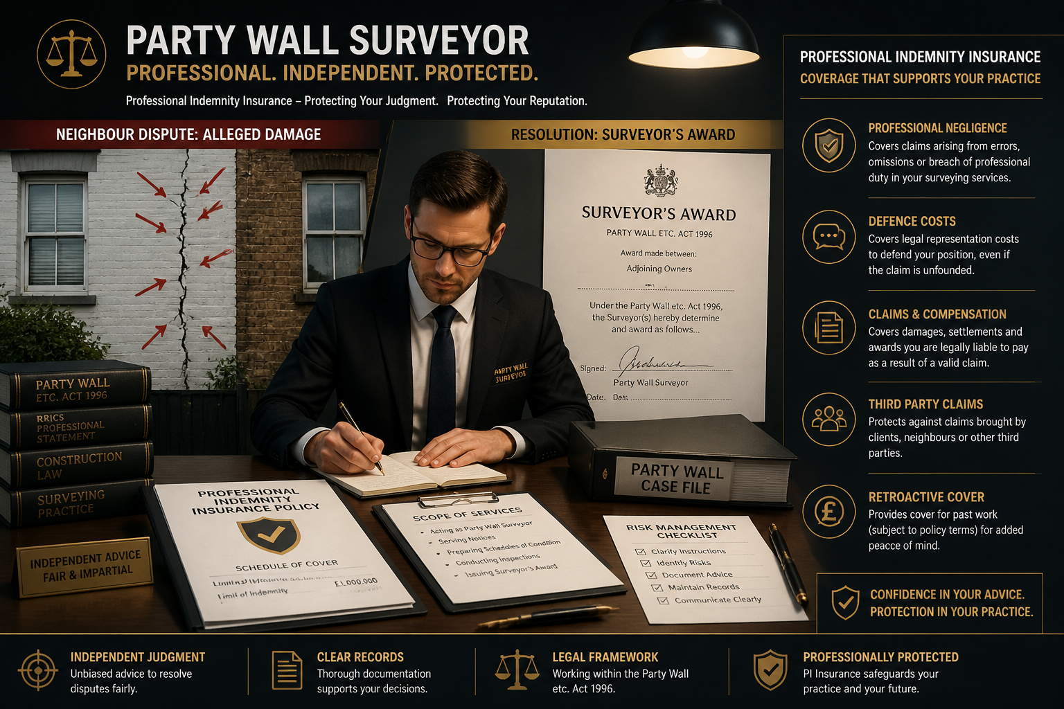 () editorial illustration showing a party wall surveyor at a desk surrounded by legal documents, and a split-screen showing