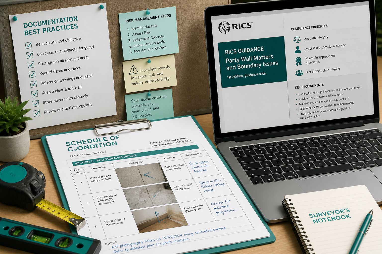() close-up aerial view of a surveyor's workstation showing a Schedule of Condition report with annotated photographs of
