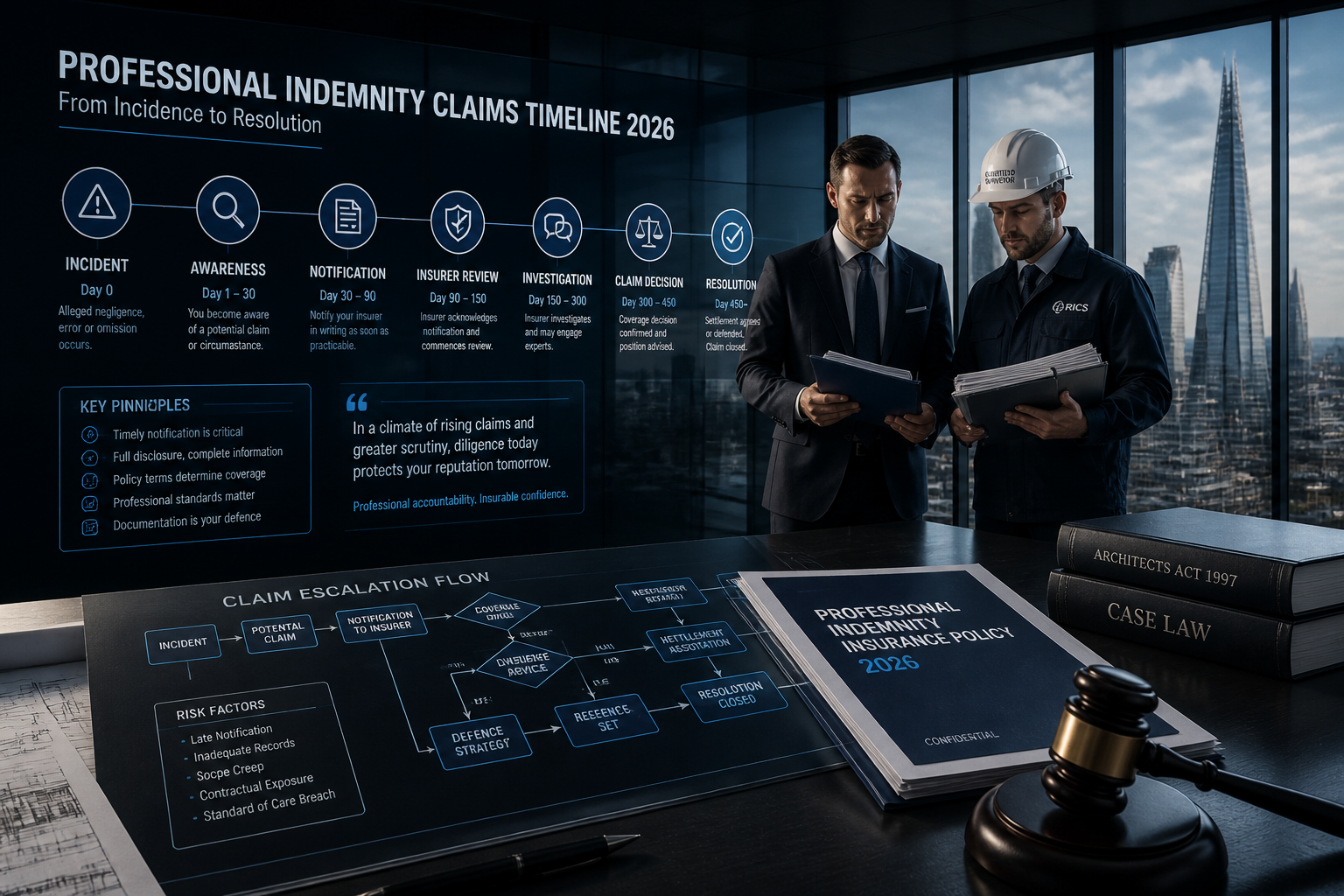 () conceptual courtroom-adjacent scene showing a professional indemnity claims timeline infographic displayed on a glass