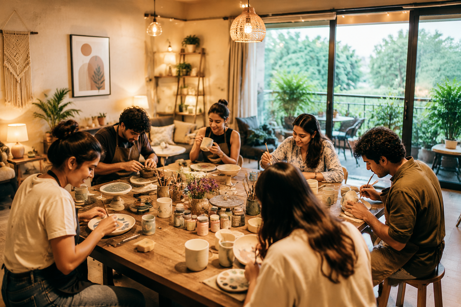 () editorial image depicting a cozy, well-lit Airbnb living space transformed into a creative workshop setting. A small