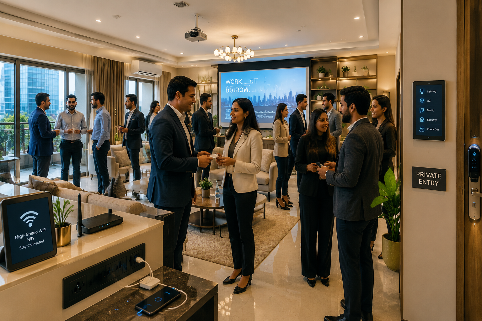 () editorial image showing a professional networking event or a small business meeting taking place in a contemporary Airbnb