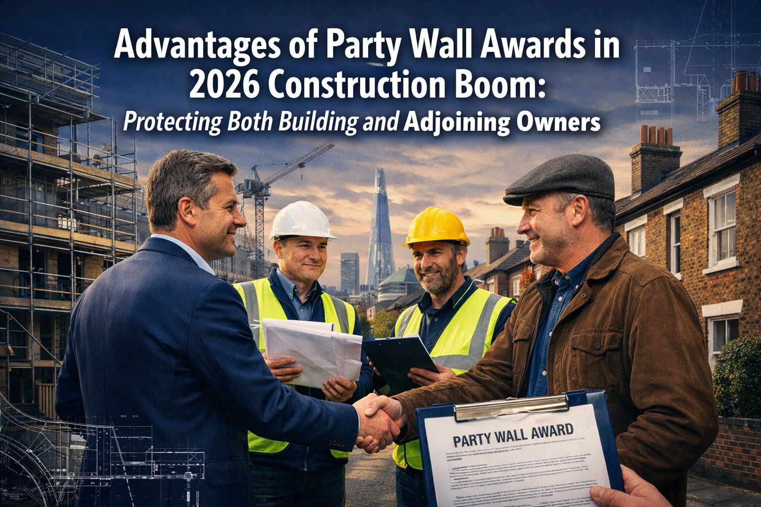 Professional landscape format (1536x1024) hero image featuring bold text overlay 'Advantages of Party Wall Awards in 2026 Construction Boom: