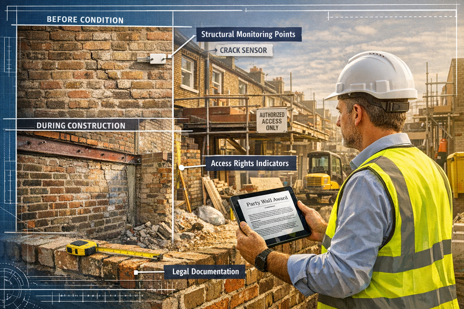 Detailed landscape format (1536x1024) image showing professional party wall surveyor in hard hat and high-visibility vest conducting detaile
