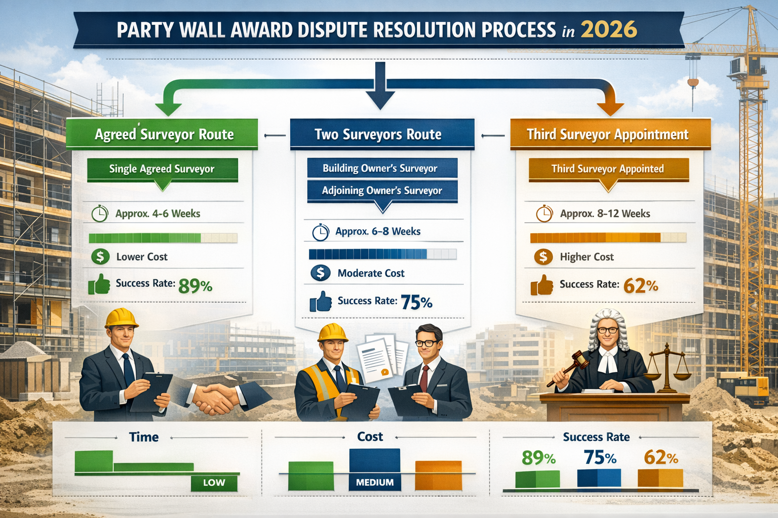 Detailed landscape format (1536x1024) infographic-style image illustrating party wall award dispute resolution process in 2026. Central flow