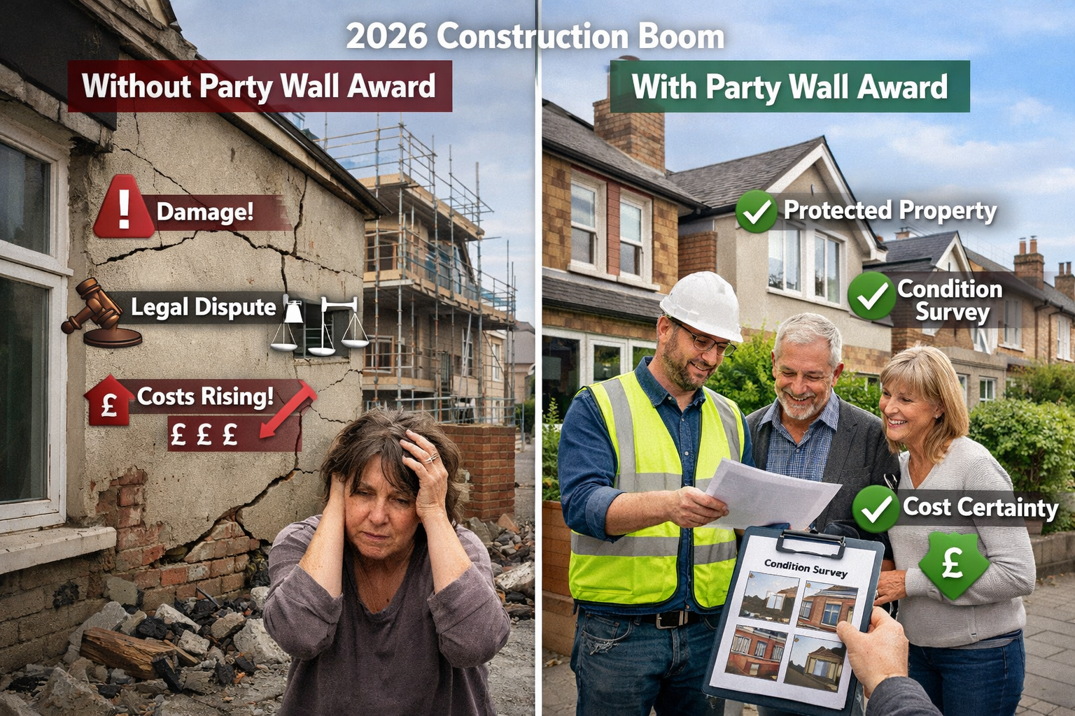Detailed landscape format (1536x1024) comparative split-screen image showing two scenarios in 2026 construction boom. Left side: 'Without Pa