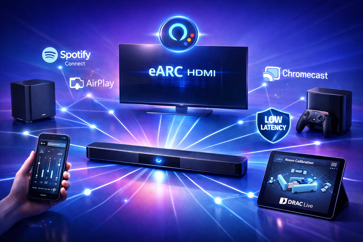 Wireless Soundbars vs Traditional Systems Landscape format (1536x1024) futuristic smart home audio ecosystem illustration featuring central wireless soundbar with radiating connectio