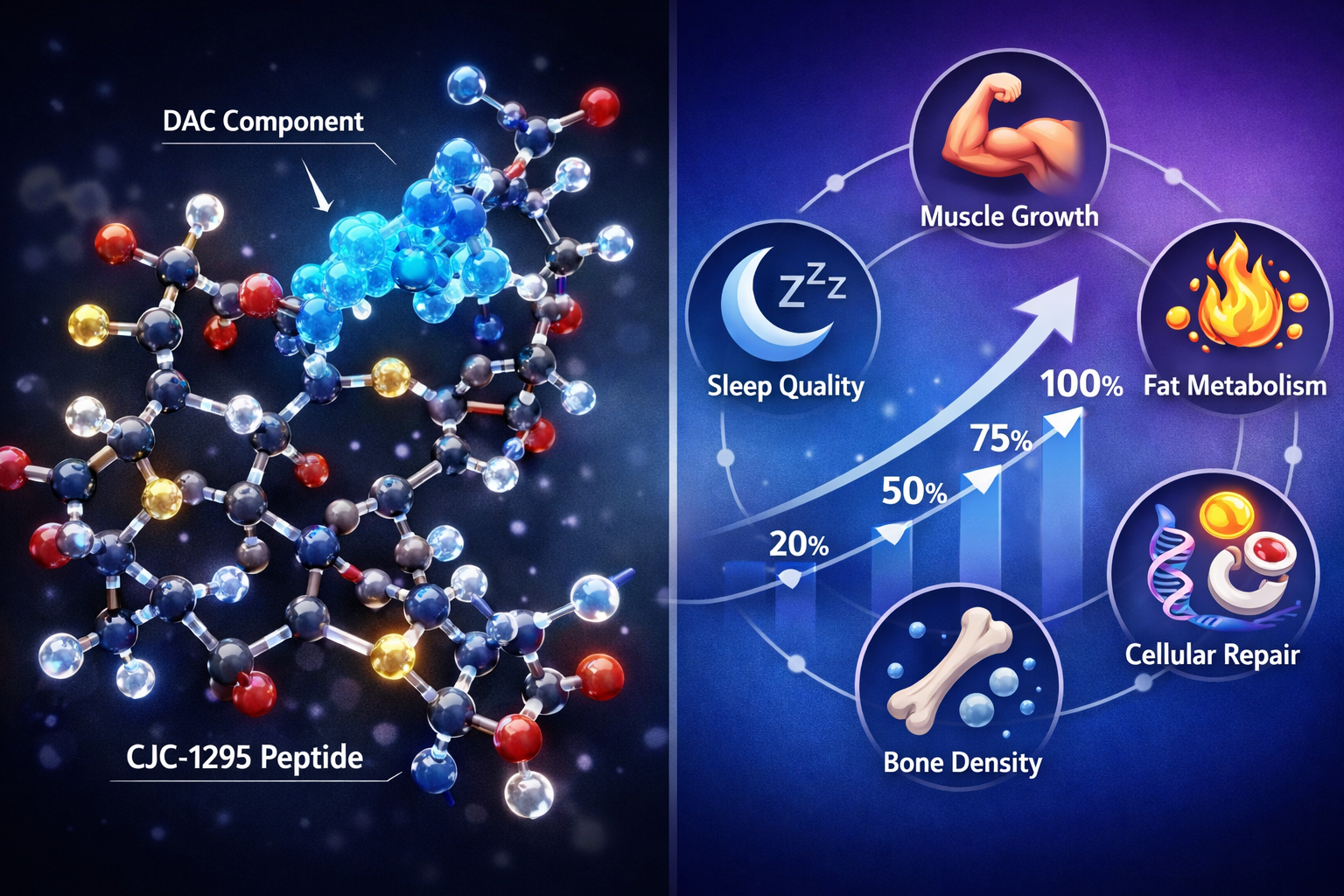 Detailed landscape editorial image (1536x1024) showing split-screen composition: left side displays 3D molecular structure of CJC-1295 pepti