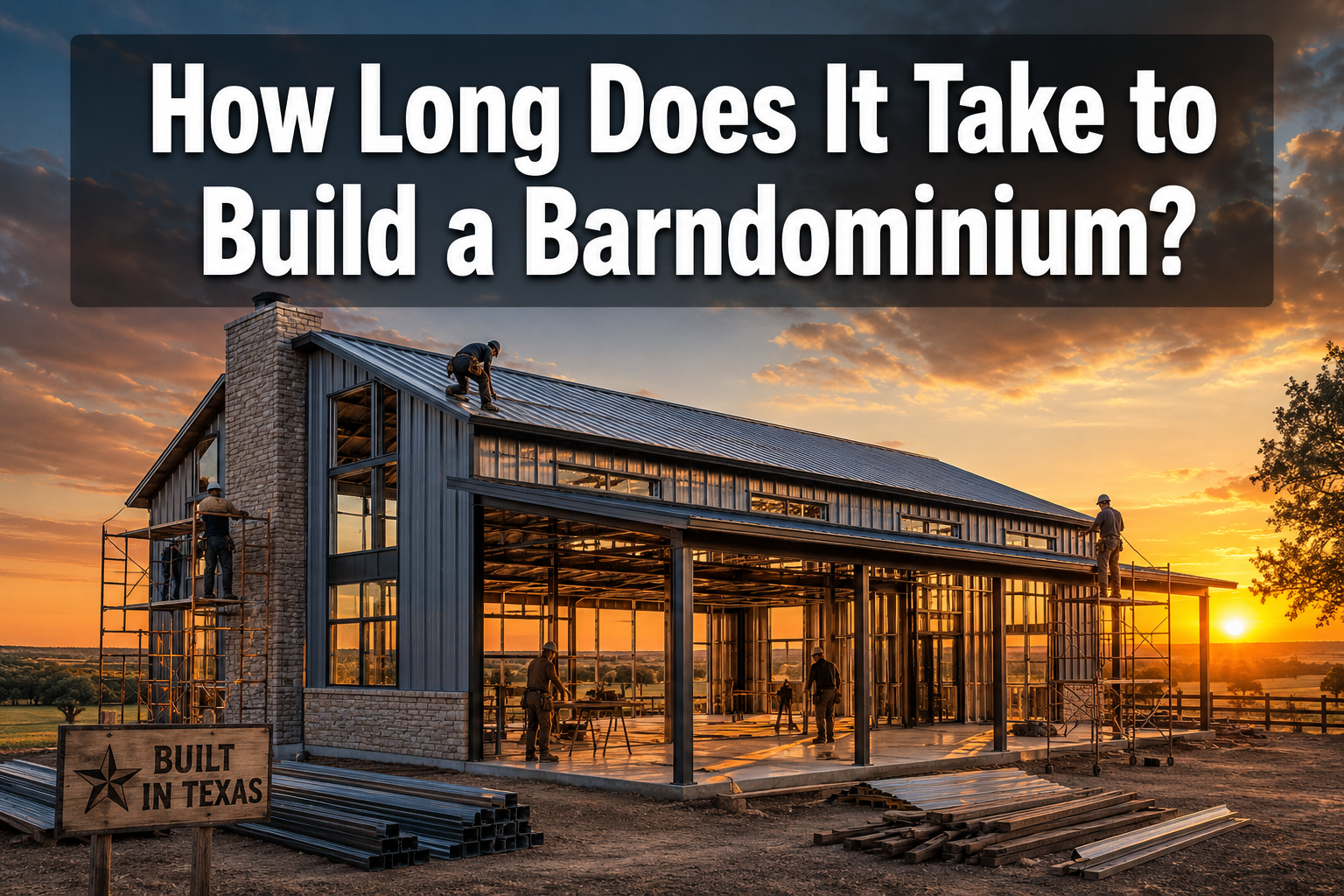 Professional () hero image with : 'How Long Does It Take to Build a Barndominium?' in extra large white with dark drop ,