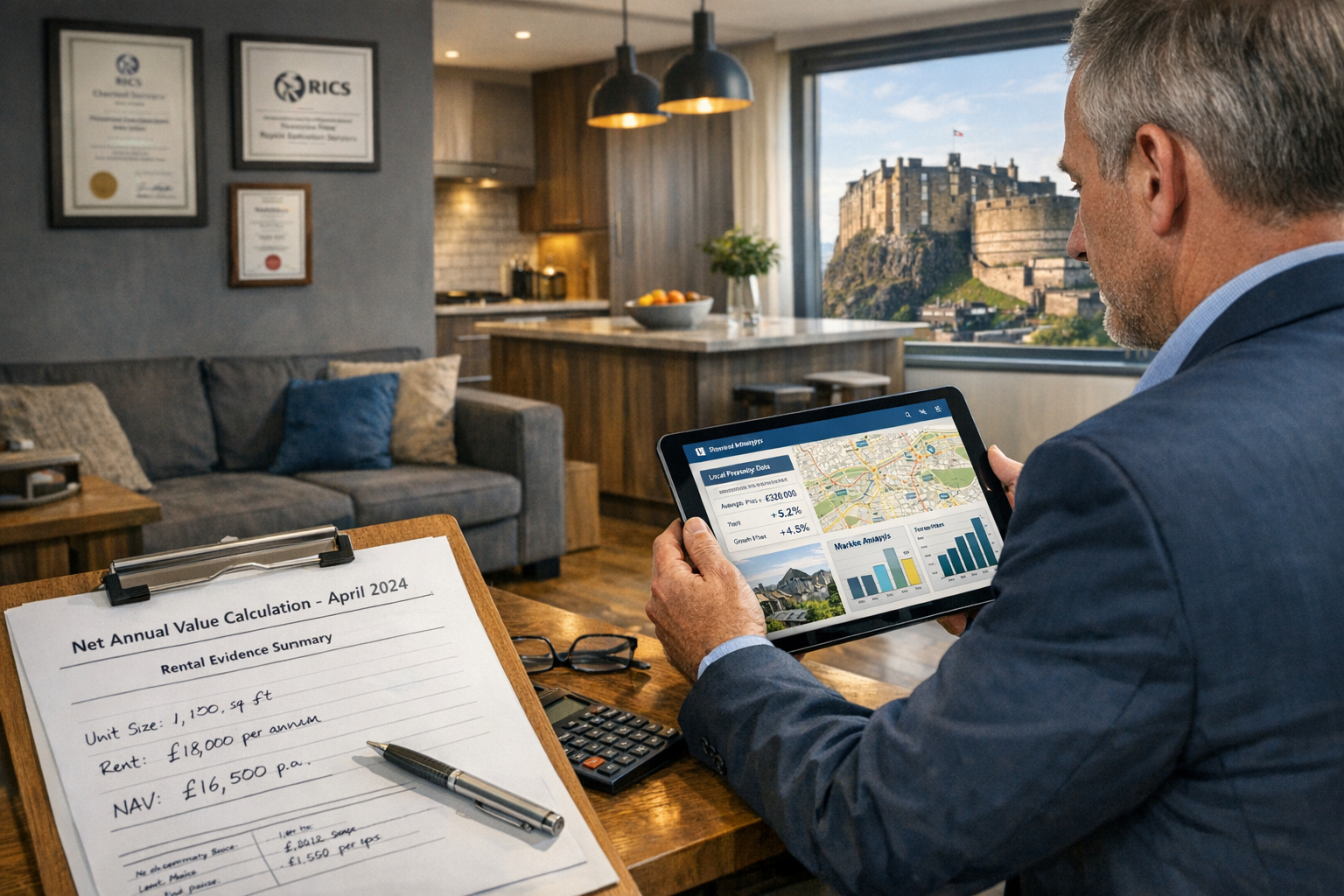 () professional scene showing RICS chartered surveyor conducting property valuation in modern Scottish apartment with