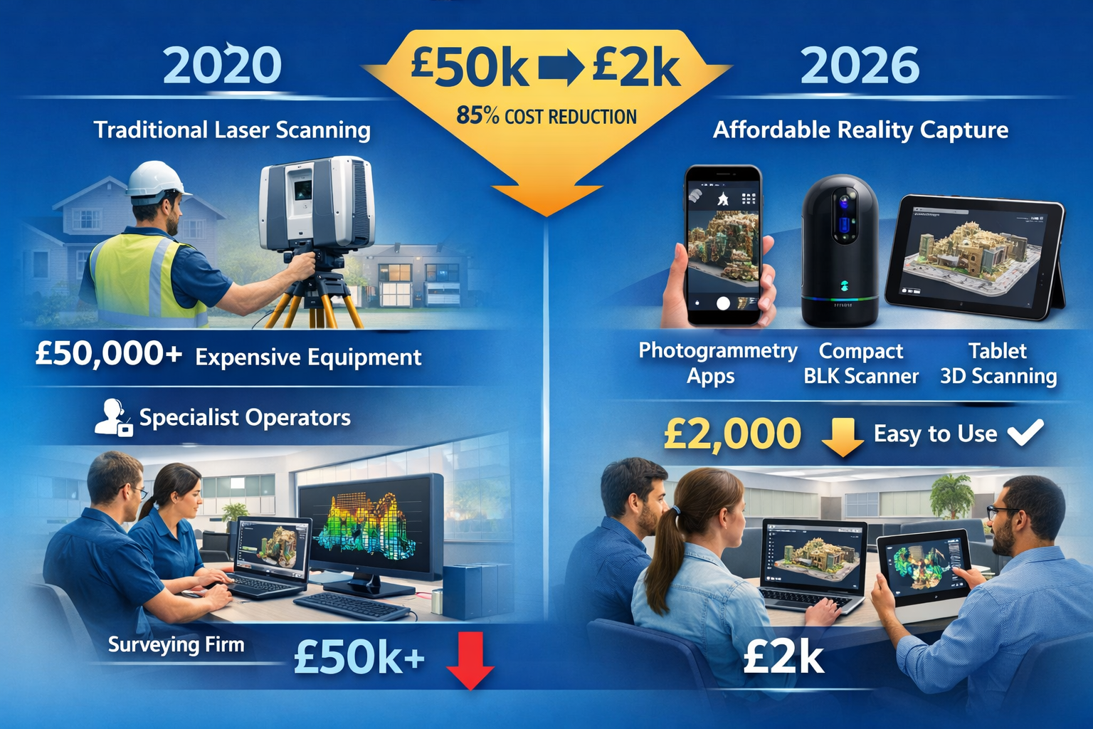 Landscape format (1536x1024) detailed illustration showing evolution timeline of reality capture technology from 2020 to 2026, split-screen 