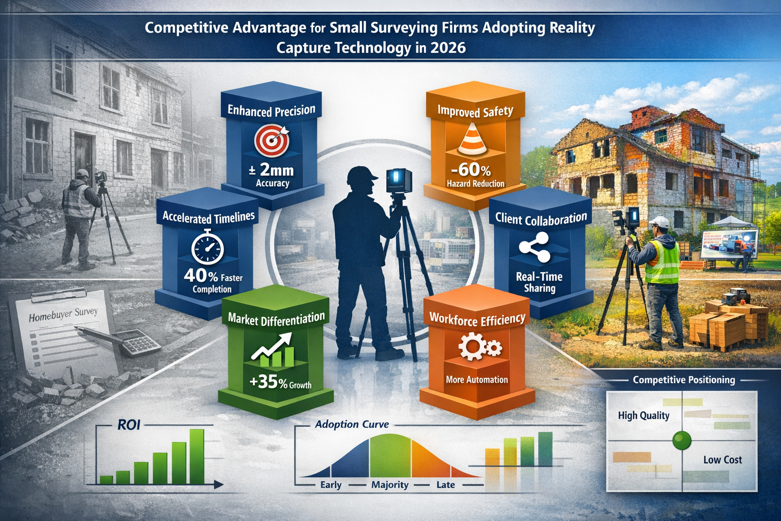 Landscape format (1536x1024) strategic implementation visual showing competitive advantage framework for small surveying firms adopting real