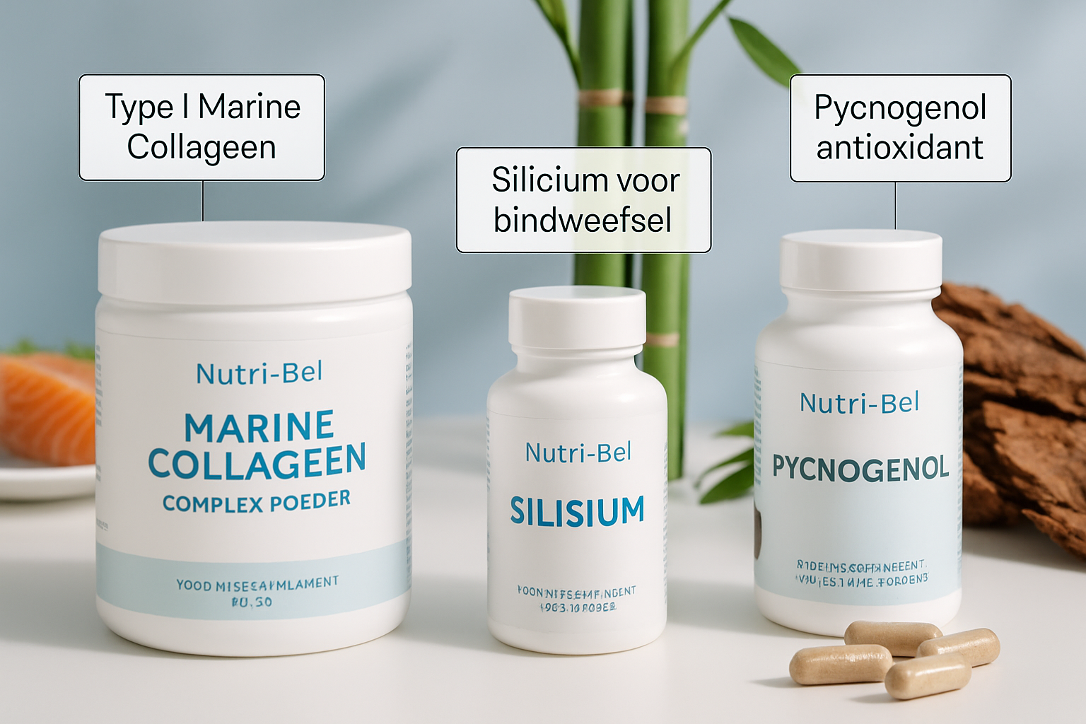 Product showcase composition (1536x1024) featuring three Nutri-Bel supplement containers: Marine Collageen Complex Poeder jar, Silisium bott