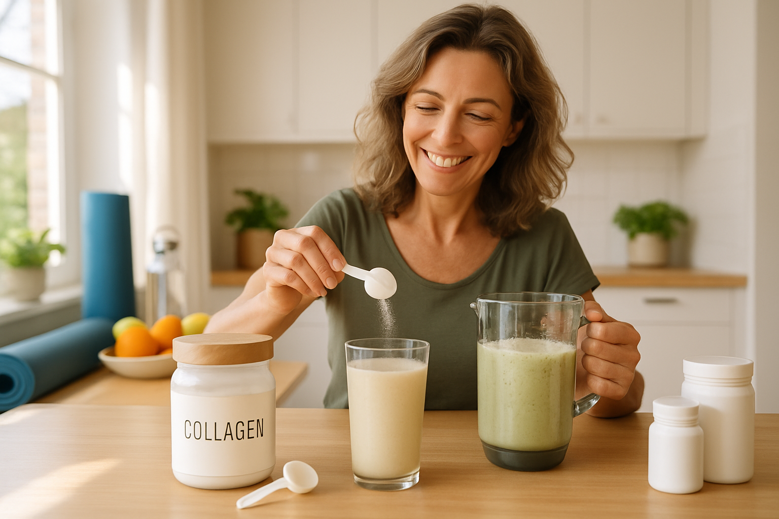 Lifestyle wellness image (1536x1024) showing active 40+ woman mixing collagen powder into morning smoothie in bright modern kitchen. Glass o
