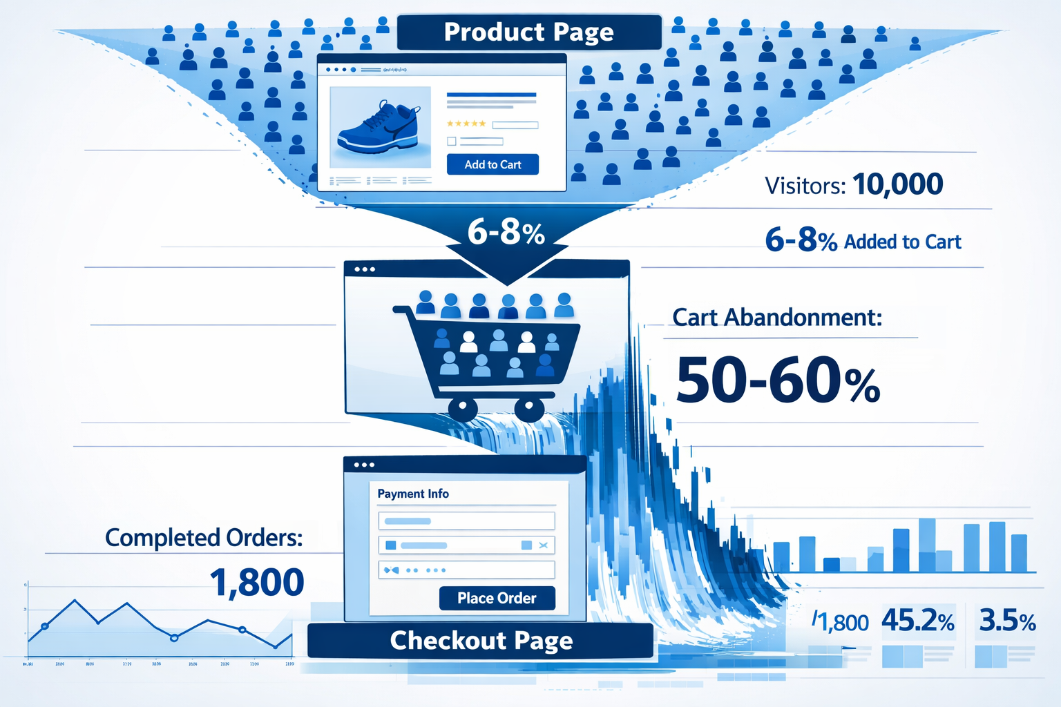 Detailed landscape format (1536x1024) editorial illustration showing a digital funnel visualization with three distinct stages: product page