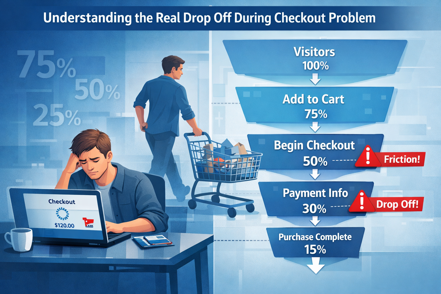 Editorial-style digital illustration visualizing 'Understanding the Real Drop Off During Checkout Problem' with a split-screen composition: