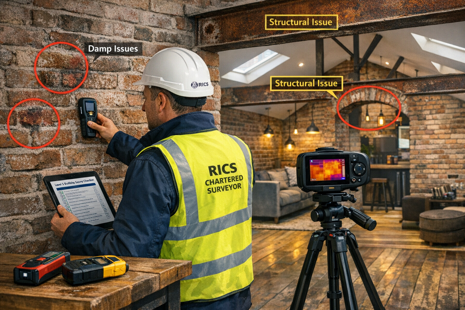 () detailed image showing professional RICS chartered surveyor conducting Level 3 building survey inspection inside