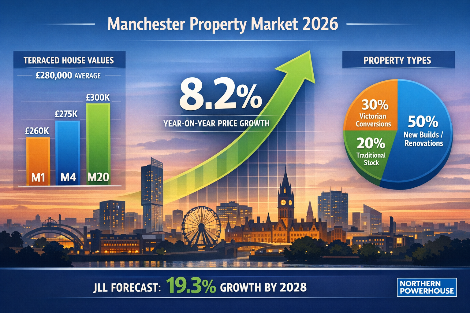 () infographic-style image displaying Manchester property market data visualization for 2026. Central focus on large