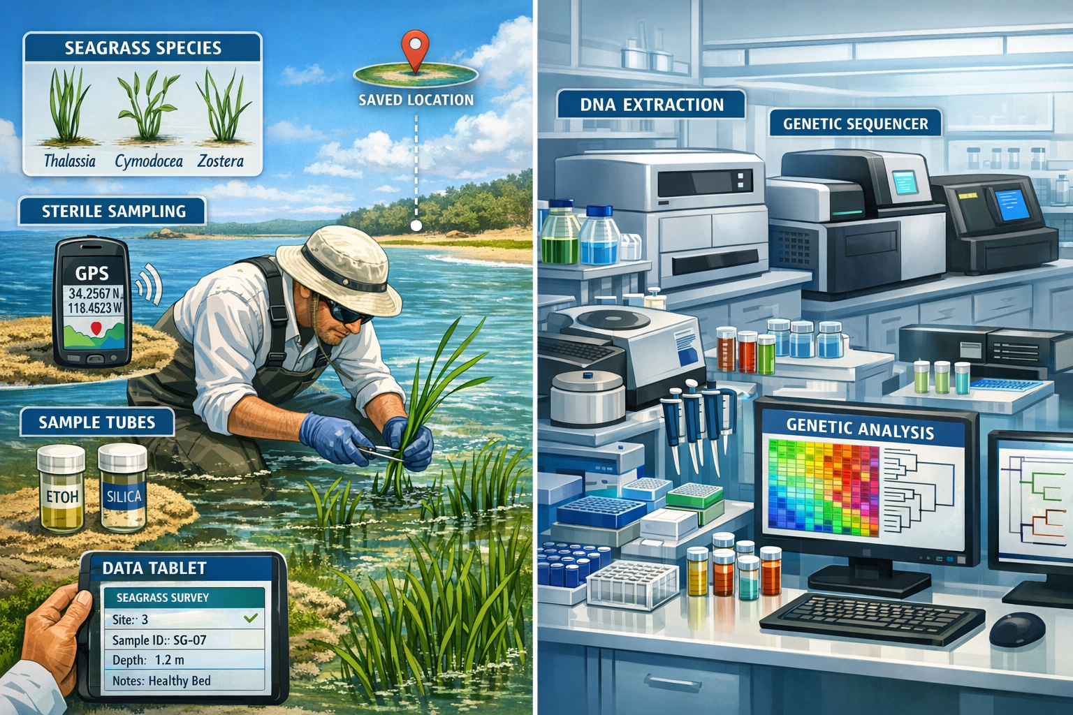 () detailed illustration showing scientific workflow of seagrass genetic sampling methodology. Split-screen composition:
