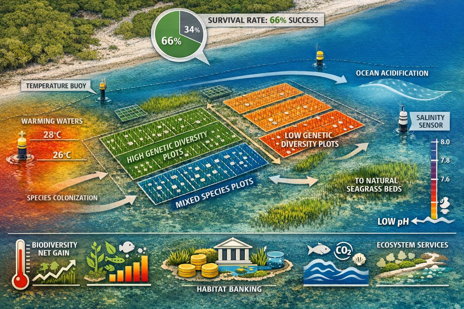 () comprehensive infographic showing multi-species seagrass restoration site layout and climate resilience factors. Aerial